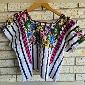 Embroidered Floral Striped Women's Top